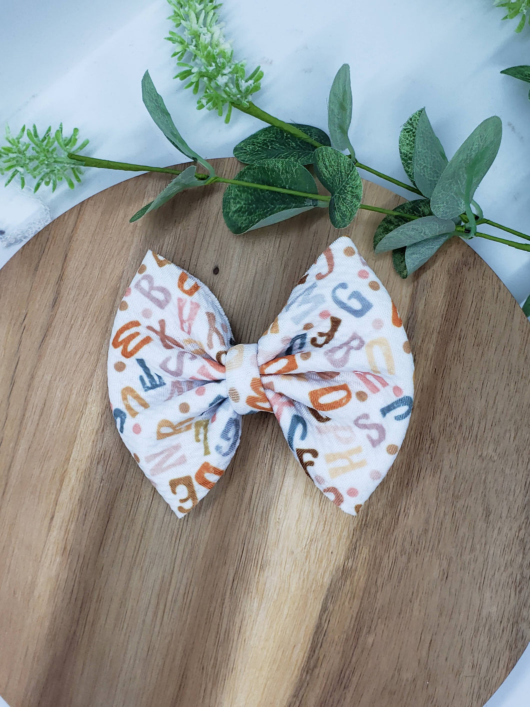 Neutral Alphabet Print Medium Fabric Bow